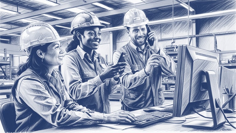 3 employees using the mobile phones while working in a warehouse, wearing hard hats, talking to each other. One of the employees is female. There is one more employee who is working at a desk with a monitor.-2